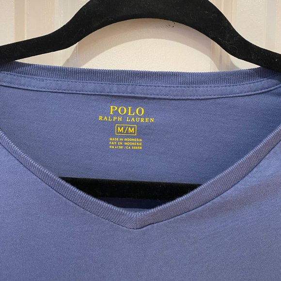 Blue Long Sleeve V Neck Ralph Lauren T Shirt - Size Medium - Picture 2 of 5